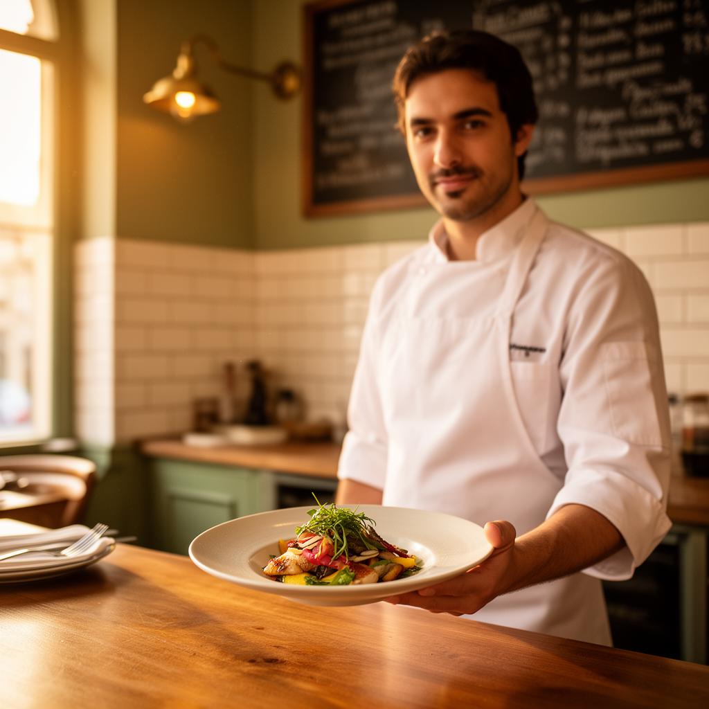 Chef présentant un plat dans un bistrot français